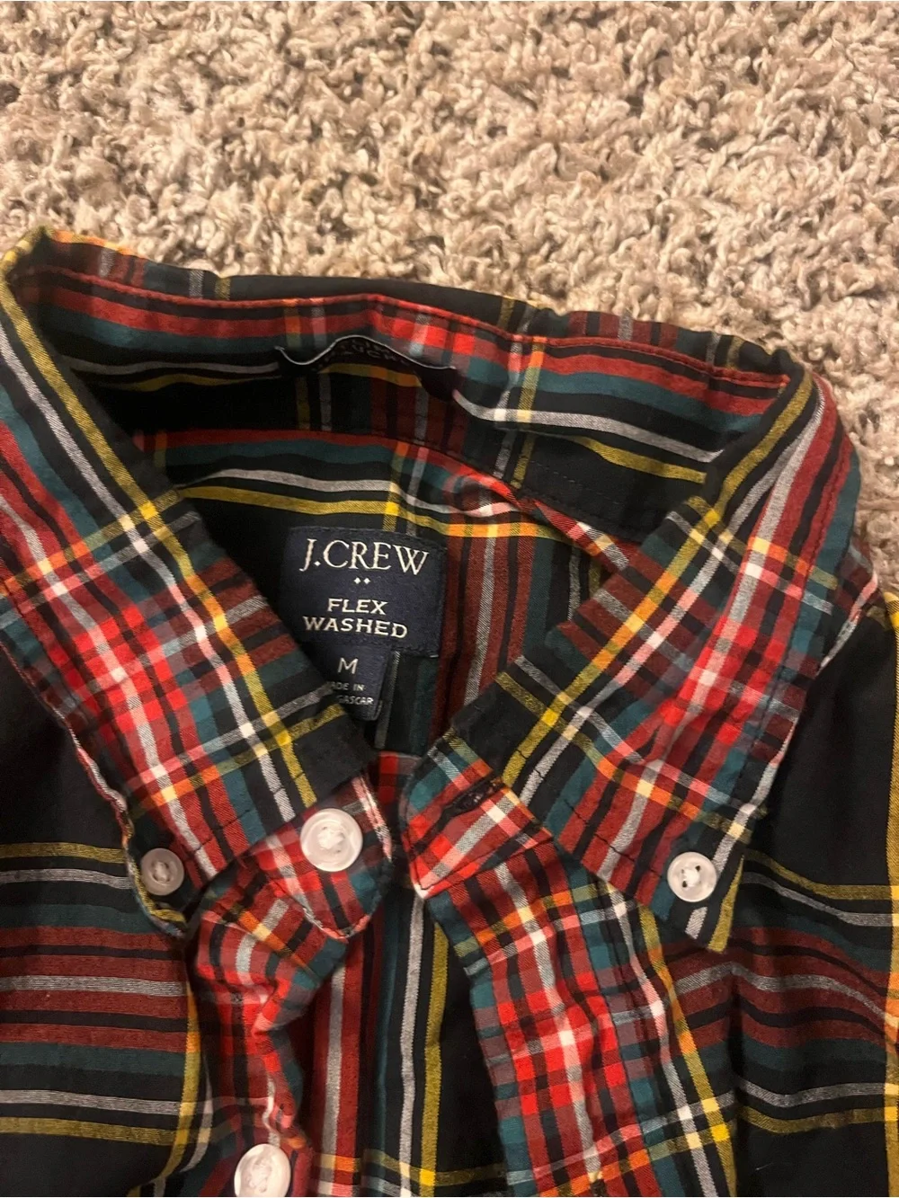 J. Crew Black Plaid Button-Down Shirt with Red and Yellow Accents